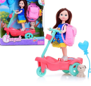 Poupée avec trottinette et petit chien – jouet enfant avec accessoires