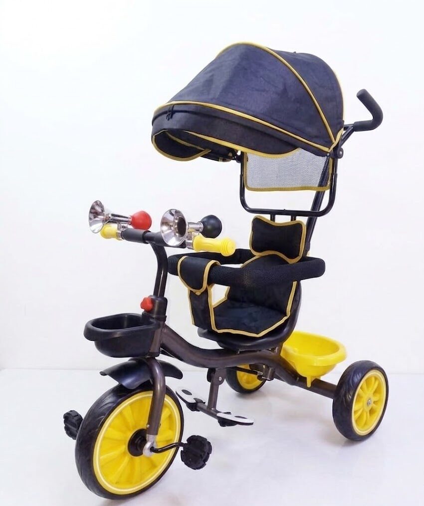 Tricycle Enfant Évolutif avec Canne Parentale – Capote Réglable, Paniers & Sécurité 18 mois à 5 ans