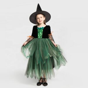Costume de Sorcière Princesse de la Forêt Verte pour Enfant – Déguisement Conte de Fées avec Chapeau