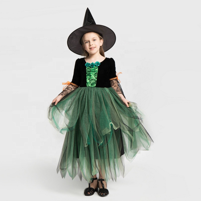 Costume de Sorcière Princesse de la Forêt Verte pour Enfant – Déguisement Conte de Fées avec Chapeau