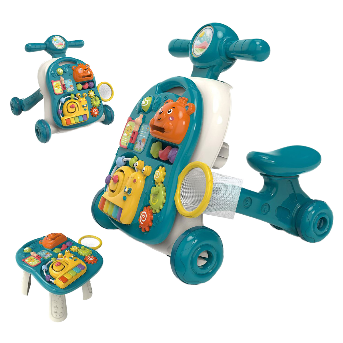 Trotteur Bébé 4 en 1 Multifonction – Marchette, Table d’Apprentissage, Motocyclette et Centre Musical Éducatif