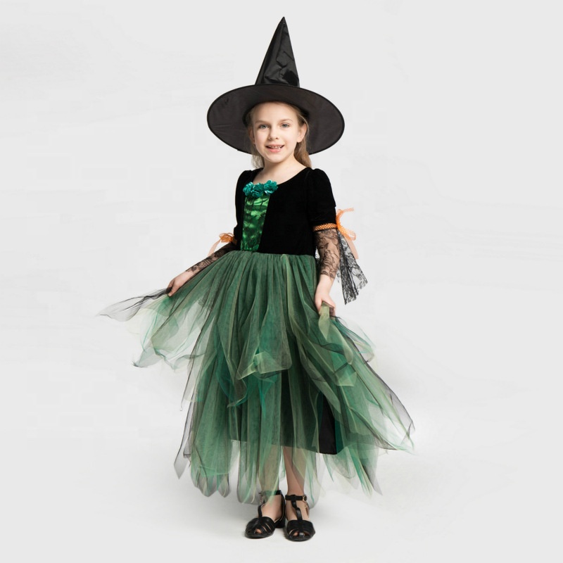 Costume de Sorcière Princesse de la Forêt Verte pour Enfant – Déguisement Conte de Fées avec Chapeau