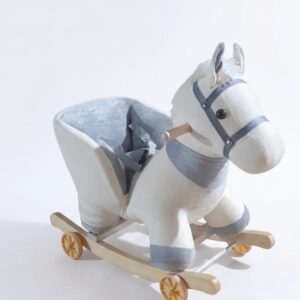 Cheval à bascule enfant en peluche – siège confortable et structure en bois