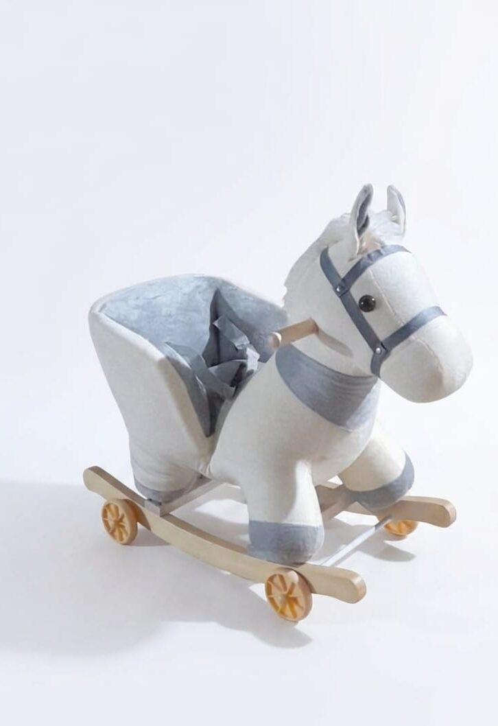 Cheval à bascule enfant en peluche – siège confortable et structure en bois