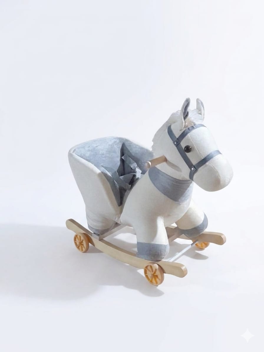 Cheval à bascule enfant en peluche – siège confortable et structure en bois