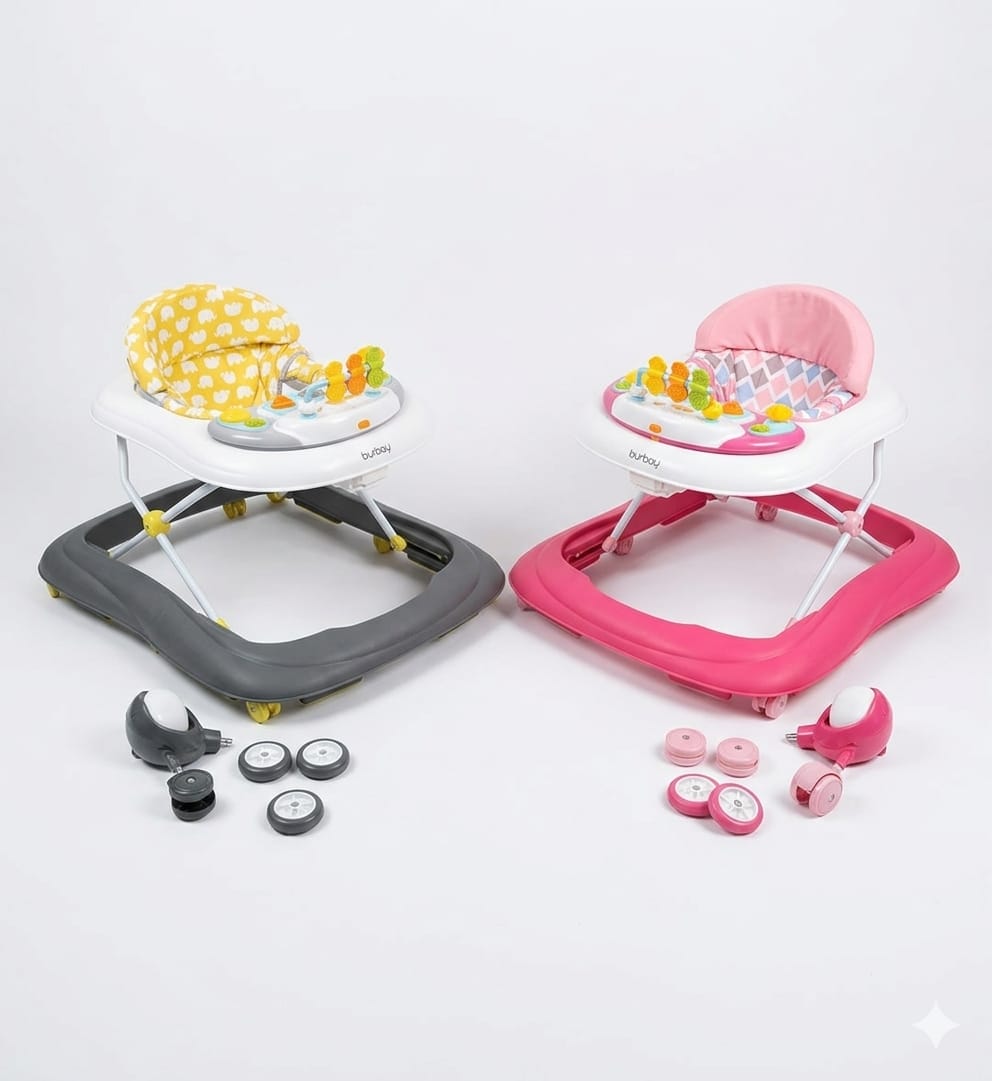 Trotteur bébé rose avec plateau musical interactif BURBAY– réglable et sécurisé