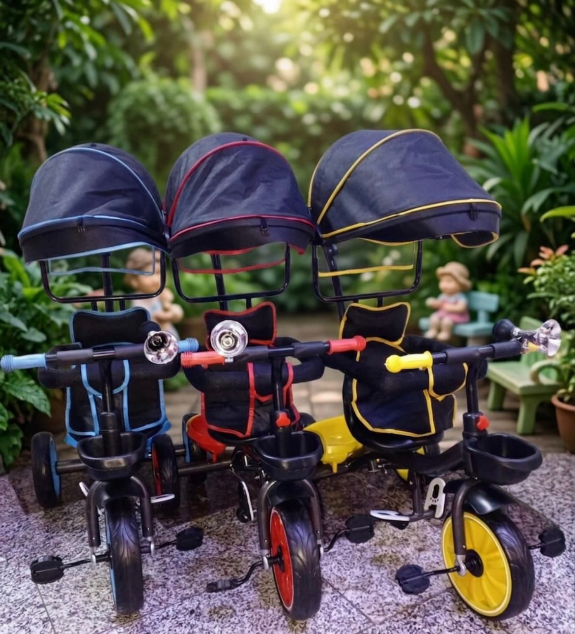 Tricycle Enfant Évolutif avec Canne Parentale – Capote Réglable, Paniers & Sécurité 18 mois à 5 ans