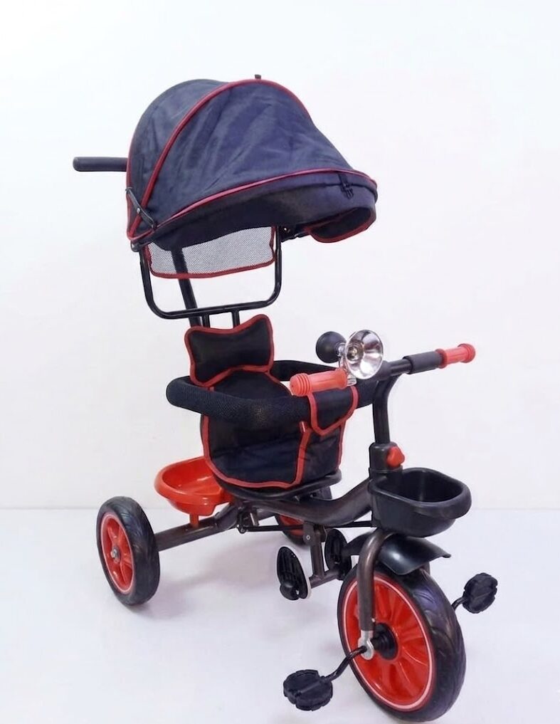Tricycle Enfant Évolutif avec Canne Parentale – Capote Réglable, Paniers & Sécurité 18 mois à 5 ans