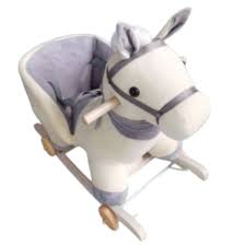 Cheval à bascule enfant en peluche – siège confortable et structure en bois