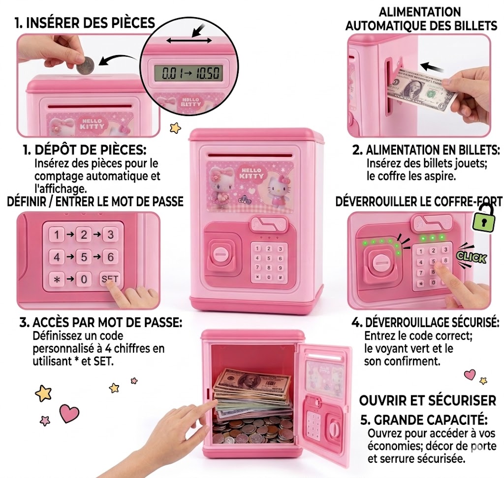 Tirelire Intelligente Hello Kitty Coffre-Fort Électronique avec Code PIN Sons et Lumières