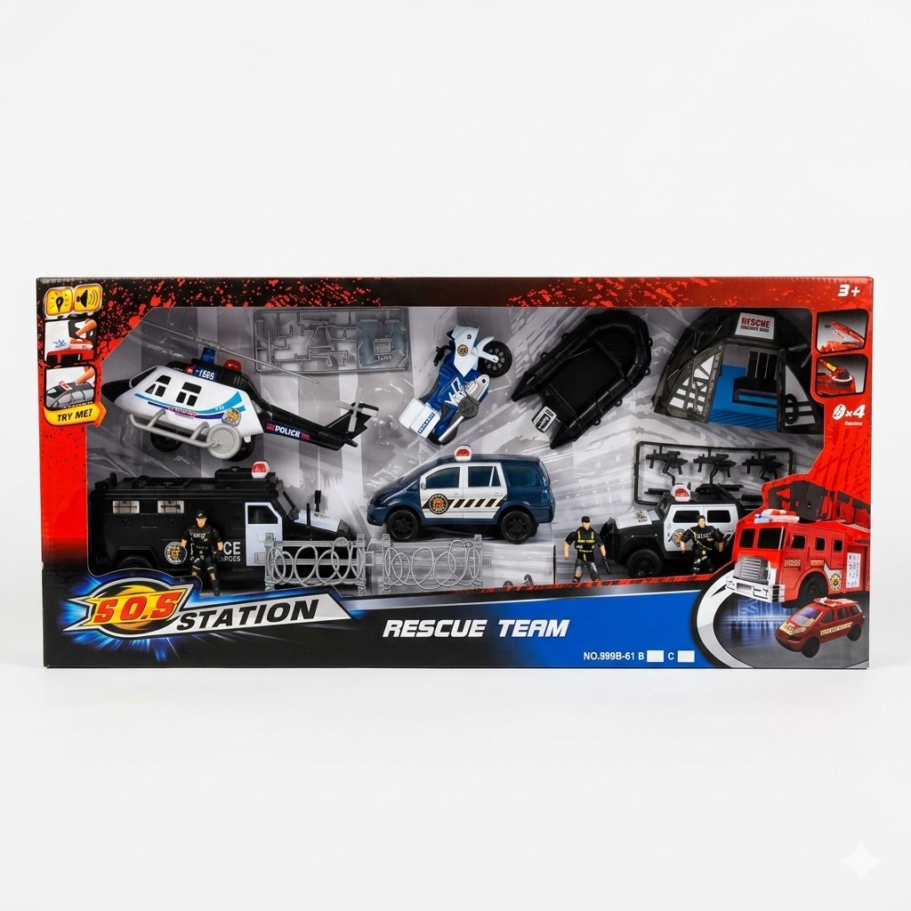 S.O.S Station Rescue Team Coffret Police et Sauvetage avec Hélicoptère et Véhicules