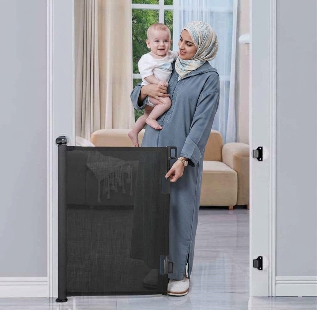 Barrière de Sécurité Rétractable Noire pour Bébé et Animaux Escaliers et Portes