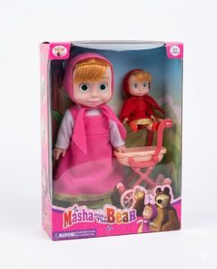 Poupée Articulée Masha et Michka Tenue Rose avec Landau et Accessoires – Jouet Enfant