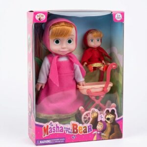 Poupée Articulée Masha et Michka Tenue Rose avec Landau et Accessoires – Jouet Enfant