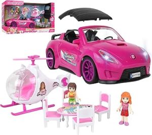 Coffret Voiture de Sport Rose Décapotable avec Hélicoptère et Figurines