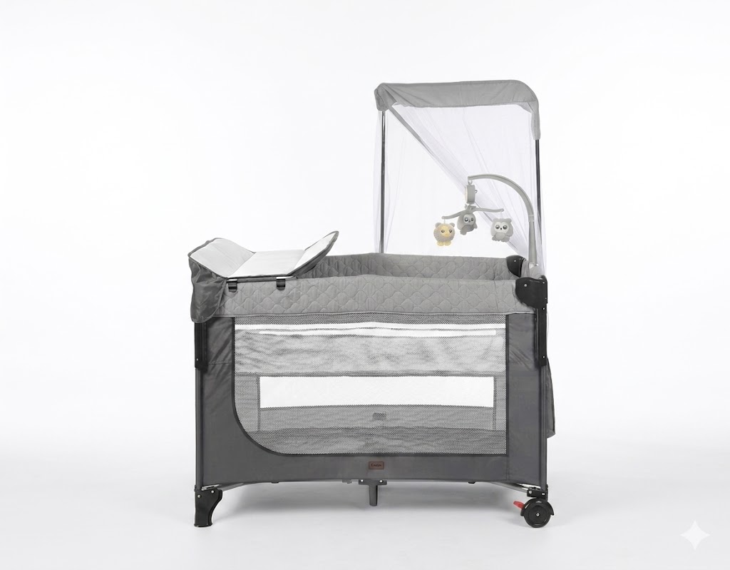 Lit Bébé PN18 Burbay Parc de Jeu et Lit Cododo avec Table à Langer et Moustiquaire
