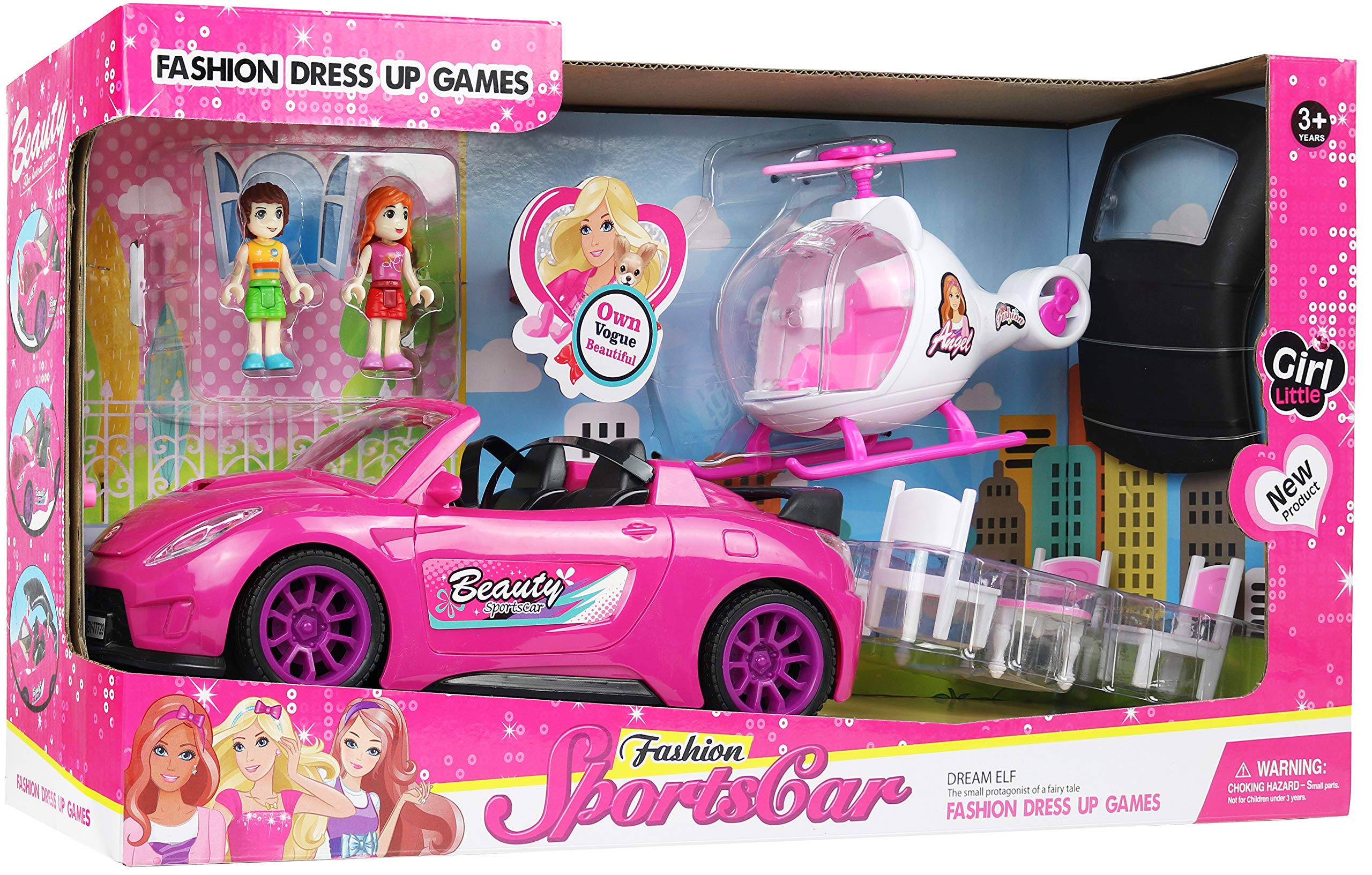 Coffret Voiture de Sport Rose Décapotable avec Hélicoptère et Figurines