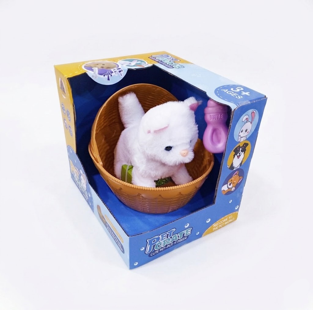 Peluche Chien Interactif Blanc avec Panier Pet Crate