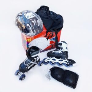 Kit Rollers en Ligne Enfant Noir et Blanc avec Casque Panda et Protections