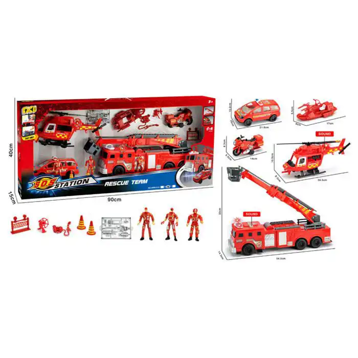 SOS Station Rescue Team 8 Pièces Grande Taille avec Hélicoptère Lumineux et Camion de Pompiers