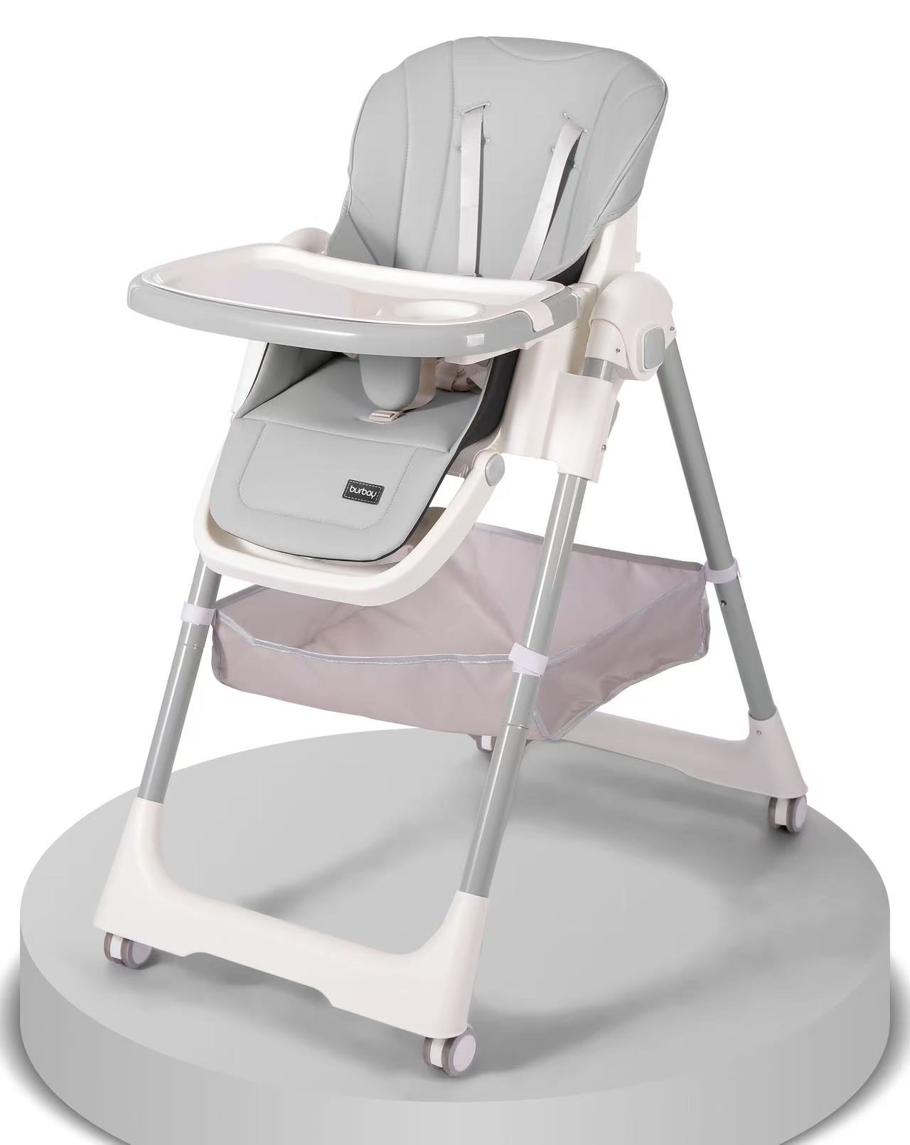 Chaise Haute AC8055 Burbay Réglable Pliable avec Tablette Amovible et Roues Sécurisées