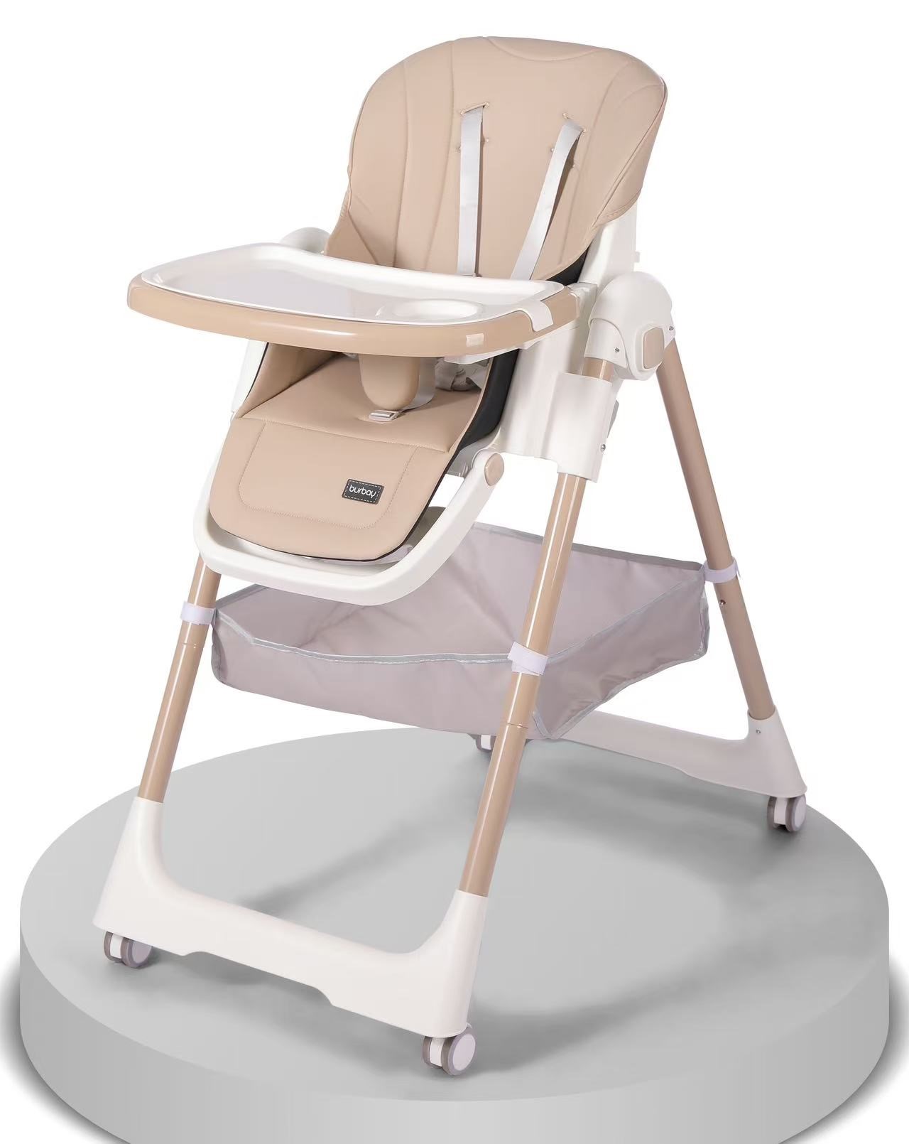 Chaise Haute AC8055 Burbay Réglable Pliable avec Tablette Amovible et Roues Sécurisées