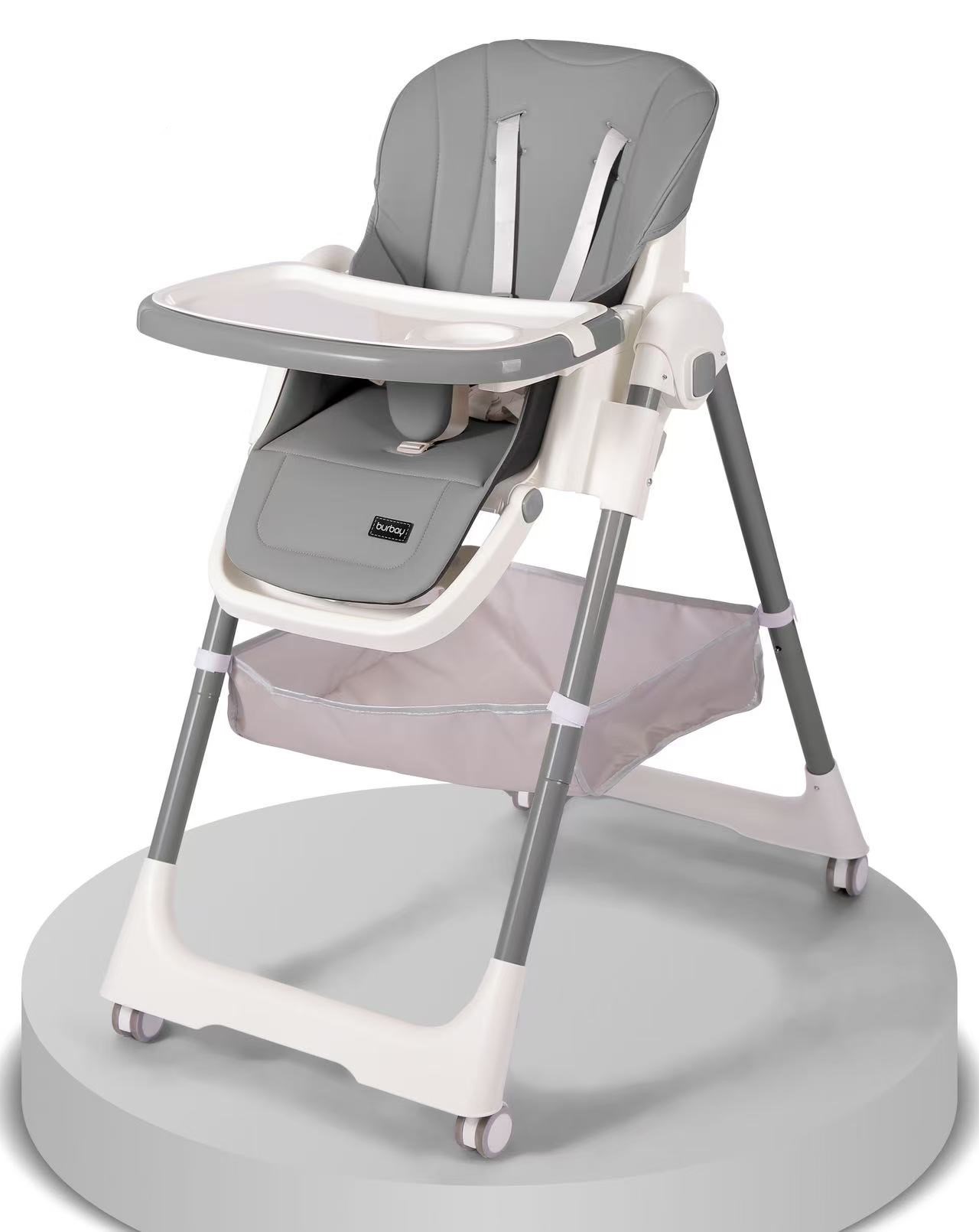 Chaise Haute AC8055 Burbay Réglable Pliable avec Tablette Amovible et Roues Sécurisées