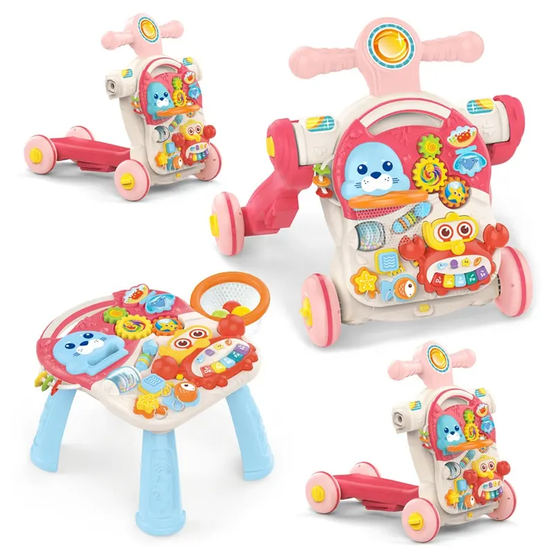 Trotteur Bébé Huanger 4-en-1 Multifonction Évolutif Table d’Activités Trottinette et Voiture
