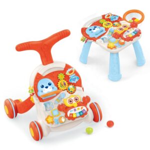 Trotteur Bébé Huanger 2-en-1 Table d’Activités Musicale avec Piano Crabe et Roues Sécurisées