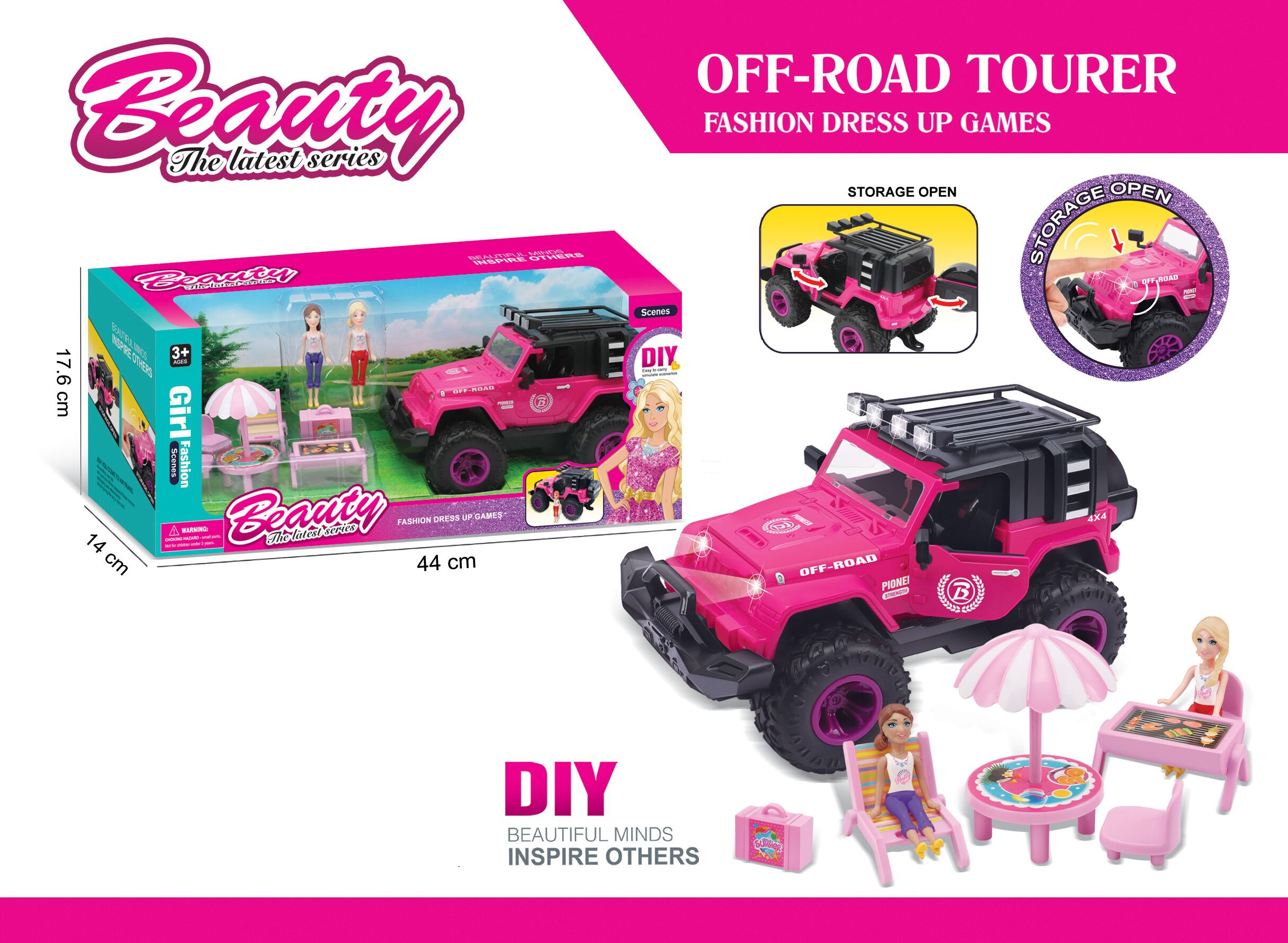 Voiture de Poupée Rose Beauty Fashion avec Accessoires Pique-Nique Lumières et Sons 3 Ans+