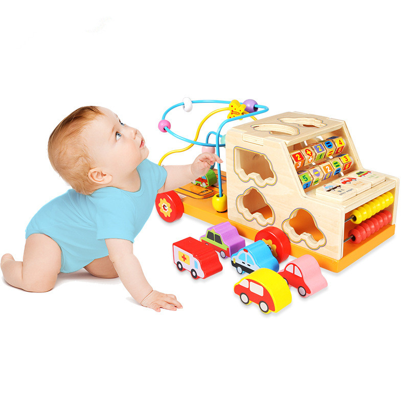 Voiture Educative Puzzle Bois Enfant Multifonction – Trieur Formes Boulier Perles 36 Mois+