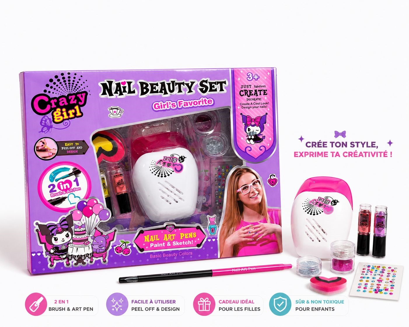 Nail Beauty Set Crazy Girl Enfant avec Sécheuse à Ongles Vernis et Accessoires – Kit Manucure