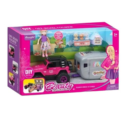 Poupée Beauty avec Jeep Rose et Caravane de Camping