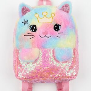 Sac à Dos Peluche Chat avec Couronne et Sequins Roses – Sac Enfant Kawaii
