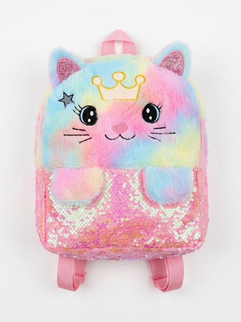 Sac à Dos Peluche Chat avec Couronne et Sequins Roses – Sac Enfant Kawaii