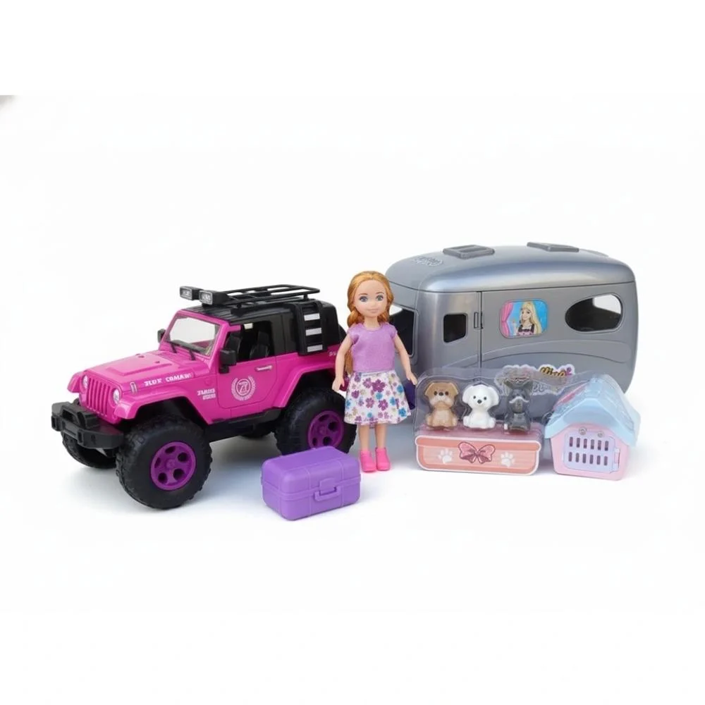 Poupée Beauty avec Jeep Rose et Caravane de Camping