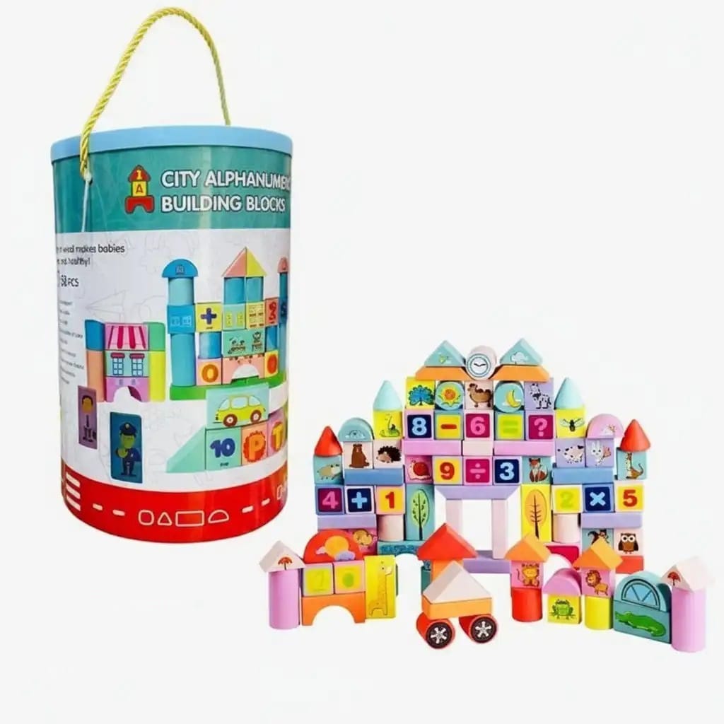 Blocs de Construction en Bois 108 Pièces – Jeu Éducatif Ville avec Lettres et Chiffres
