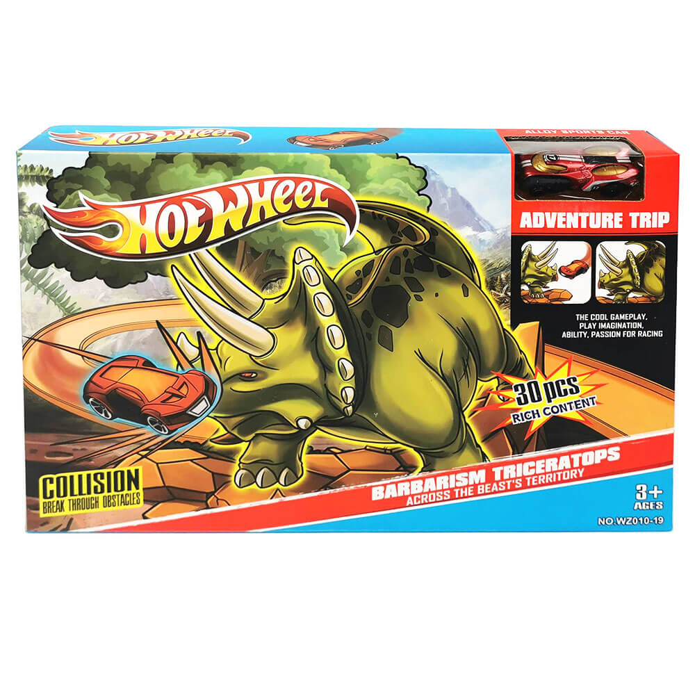 Circuit Hot Wheels Barbarism Triceratops 30 Pièces – Piste de Course avec Dinosaure