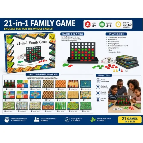 Jeu de Société 21-en-1 Famille – Échecs, Dames, Ludo, Bingo et Backgammon